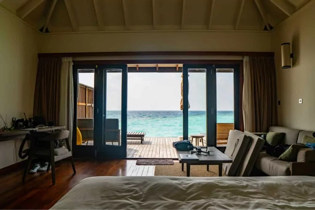 Stunning hotel room with an ocean view showcasing virtual tours with an immersive experience.
